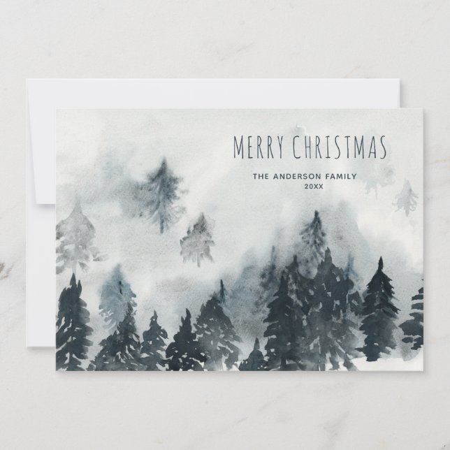 Cartes Pour Fêtes Annuelles Aquarelle Misty Mountain Pines neige (Devant)