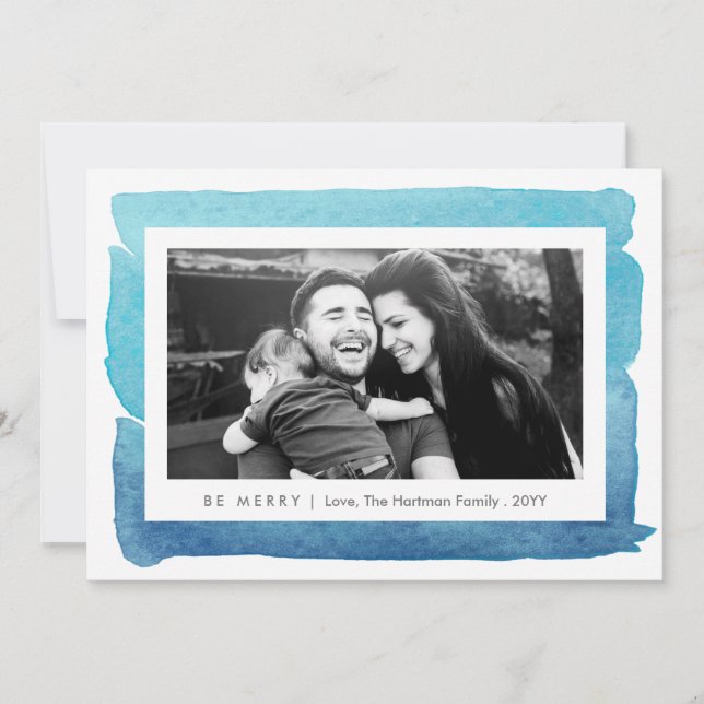 Cartes Pour Fêtes Annuelles Aquarelle moderne bleu Deux photos Noël (Devant)