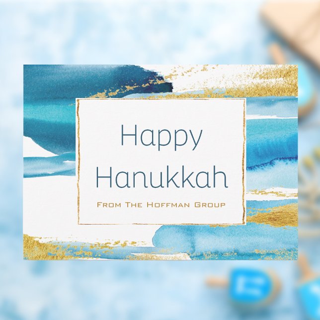 Cartes Pour Fêtes Annuelles Aquarelle moderne Blue Gold Hanoukka Business (Happy Hanukkah Modern Blue and Gold Greeting Card)