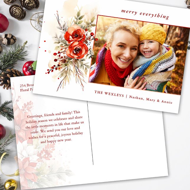 Cartes Pour Fêtes Annuelles Aquarelle moderne chic Photo botanique de Noël (Créateur téléchargé)