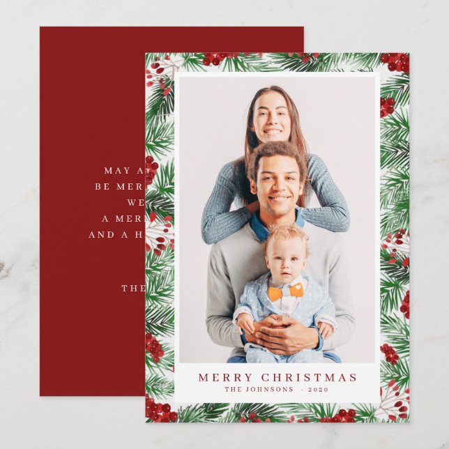 Cartes Pour Fêtes Annuelles Aquarelle Moderne de Noël Feuillage Botaniques (Devant / Derrière)