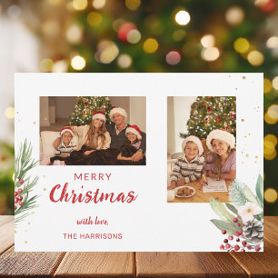 Cartes Pour Fêtes Annuelles Aquarelle moderne Noël Botanique à deux photos