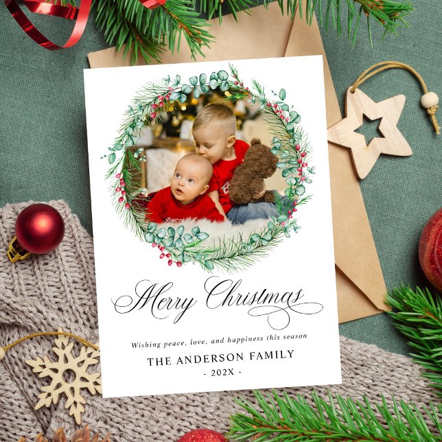 Cartes Pour Fêtes Annuelles Aquarelle moderne Wreath Bow Photo Noël (Créateur téléchargé)