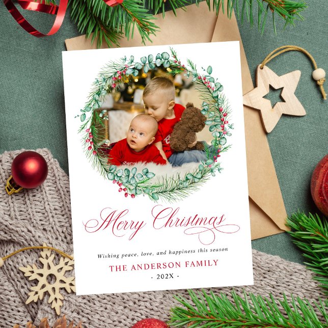 Cartes Pour Fêtes Annuelles Aquarelle moderne Wreath Bow Photo Noël (Créateur téléchargé)