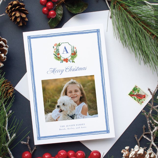 Cartes Pour Fêtes Annuelles Aquarelle Monogramme Famille Crest Noël (A classic Christmas card featuring a family photo and a custom watercolor crest)