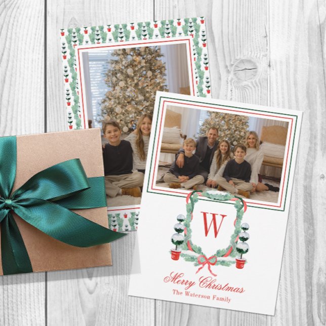 Cartes Pour Fêtes Annuelles Aquarelle Monogramme Noël Topiaire Cimier Photo (Créateur téléchargé)