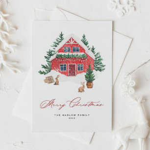 Cartes Pour Fêtes Annuelles Aquarelle neige Cottage rouge Bois Noël