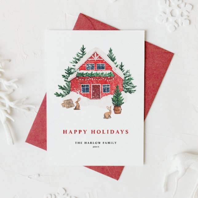Cartes Pour Fêtes Annuelles Aquarelle neige Cottage rouge Forêt À feuillage pe (This cozy watercolor Christmas card features a cozy red cottage tucked among snowy evergreens.)
