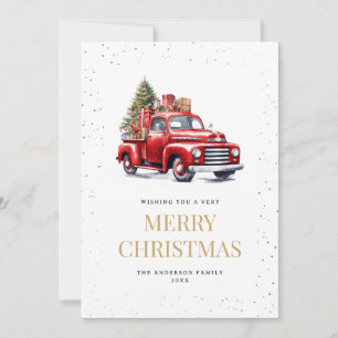 Cartes Pour Fêtes Annuelles Aquarelle neige dorée Camion rouge Arbre de Noël