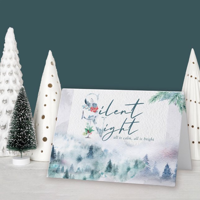 Cartes Pour Fêtes Annuelles Aquarelle nocturne silencieuse Forêt de pins (Silent Night holiday card available professionally printed or as printable digital download)
