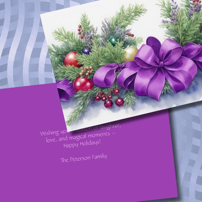 Cartes Pour Fêtes Annuelles Aquarelle Noël À feuillage persistant Ruban Violet (Créateur téléchargé)