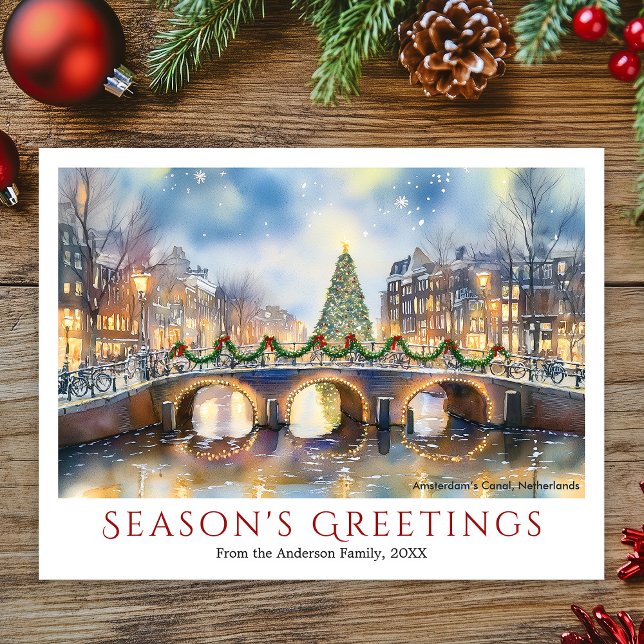Cartes Pour Fêtes Annuelles Aquarelle Noël Amsterdam Pays-Bas Voyage (Watercolor Christmas Amsterdam Netherland Travel Holiday Postcard)