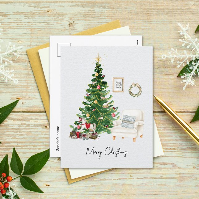 Cartes Pour Fêtes Annuelles Aquarelle Noël Arbre et Canapé Chaise Noël (Créateur téléchargé)