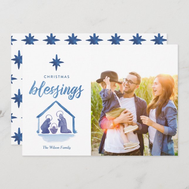 Cartes Pour Fêtes Annuelles Aquarelle Noël Bénédiction Nativité 2-Photo (Devant / Derrière)