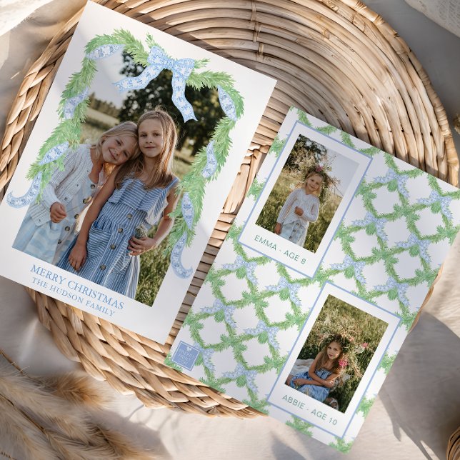 Cartes Pour Fêtes Annuelles Aquarelle Noël bleu Bow Garland Photo (Créateur téléchargé)