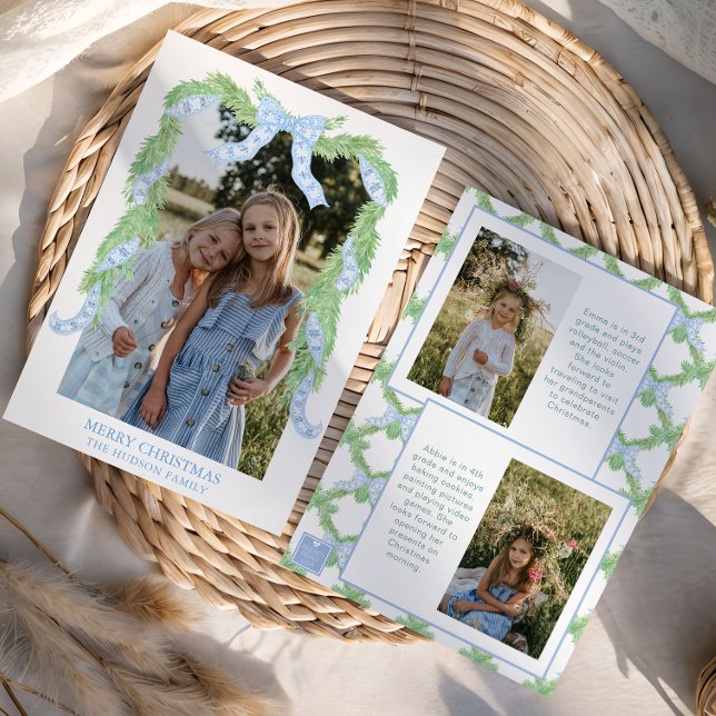 Cartes Pour Fêtes Annuelles Aquarelle Noël bleu Bow Garland Photo (Créateur téléchargé)