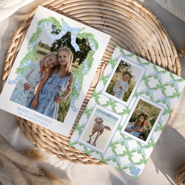 Cartes Pour Fêtes Annuelles Aquarelle Noël bleu Bow Garland Photo (Créateur téléchargé)