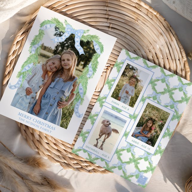 Cartes Pour Fêtes Annuelles Aquarelle Noël bleu Bow Garland Photo (Créateur téléchargé)