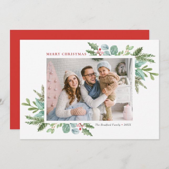 Cartes Pour Fêtes Annuelles Aquarelle Noël feuillage et photo Holly (Devant / Derrière)