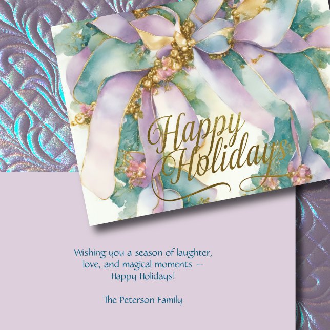 Cartes Pour Fêtes Annuelles Aquarelle Noël Floral Ruban Purple Turquoise (Créateur téléchargé)