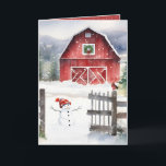 Cartes Pour Fêtes Annuelles Aquarelle Noël Grange avec Snowman<br><div class="desc">Grange rouge avec une couronne verte de Noël,  un bonhomme de neige et un oiseau portant une écharpe d'hiver sur une vieille clôture en flocons de neige. Le texte peut être modifié.</div>