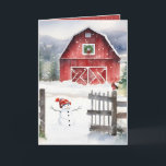 Cartes Pour Fêtes Annuelles Aquarelle Noël Grange avec Snowman<br><div class="desc">Grange rouge avec une couronne verte de Noël,  un bonhomme de neige et un oiseau portant une écharpe d'hiver sur une vieille clôture en flocons de neige. Le texte peut être modifié.</div>