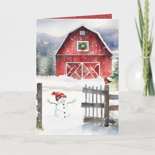 Cartes Pour Fêtes Annuelles Aquarelle Noël Grange avec Snowman