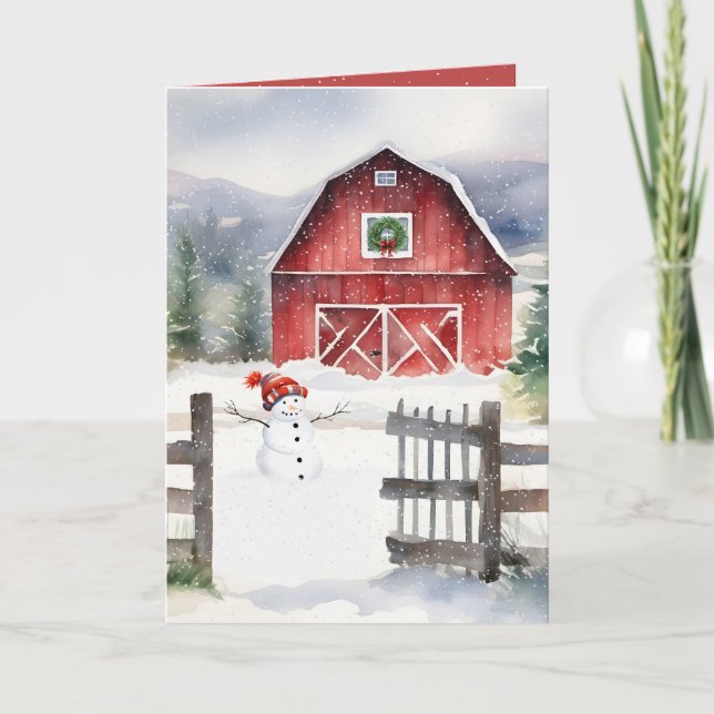 Cartes Pour Fêtes Annuelles Aquarelle Noël Grange Et Snowman (Devant)
