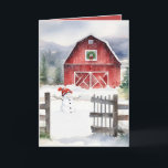 Cartes Pour Fêtes Annuelles Aquarelle Noël Grange Et Snowman<br><div class="desc">Grange rouge avec couronne verte de Noël,  bonhomme de neige et vieille clôture rustique en flocons de neige.</div>