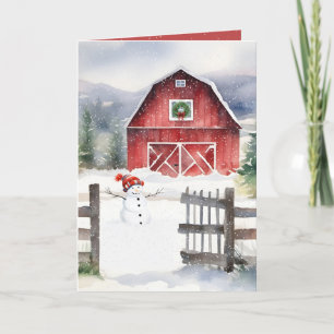 Cartes Pour Fêtes Annuelles Aquarelle Noël Grange Et Snowman