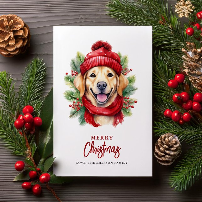 Cartes Pour Fêtes Annuelles Aquarelle Noël Jaune Labrador Chien (Créateur téléchargé)