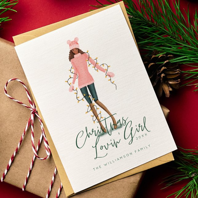 Cartes Pour Fêtes Annuelles Aquarelle Noël Lovin' Girl Enveloppée Dans Les Lum (Watercolor Christmas Lovin' Girl Wrapped In Lights Holiday Card)