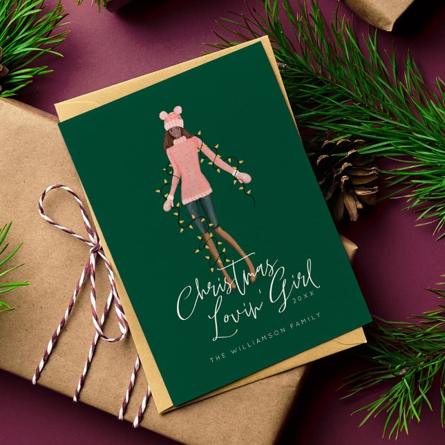 Cartes Pour Fêtes Annuelles Aquarelle Noël Lovin' Girl Enveloppée Dans Les Lum (Watercolor Christmas Lovin' Girl Wrapped In Lights Holiday Card)