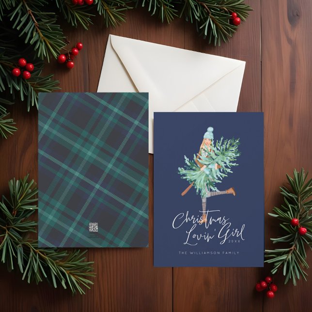 Cartes Pour Fêtes Annuelles Aquarelle Noël Lovin' Girl Holding Pine Tree (Watercolor Christmas Lovin' Girl Holding Pine Tree Holiday Card)