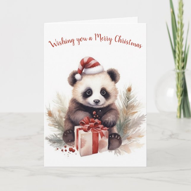 Cartes Pour Fêtes Annuelles Aquarelle Noël Panda Ours Avec Cadeaux (Devant)