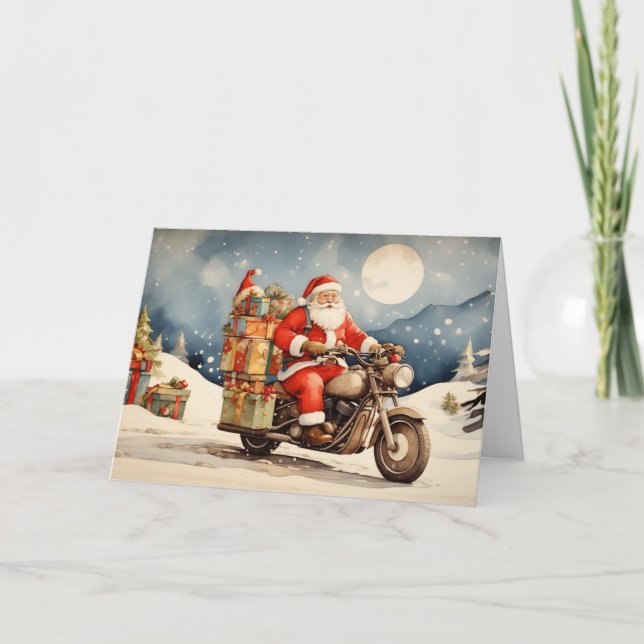 Cartes Pour Fêtes Annuelles Aquarelle Noël Père Noël sur moto (Devant)