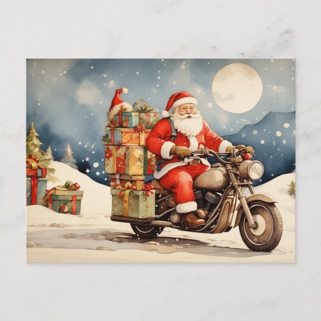 Cartes Pour Fêtes Annuelles Aquarelle Noël Père Noël sur moto (Devant)