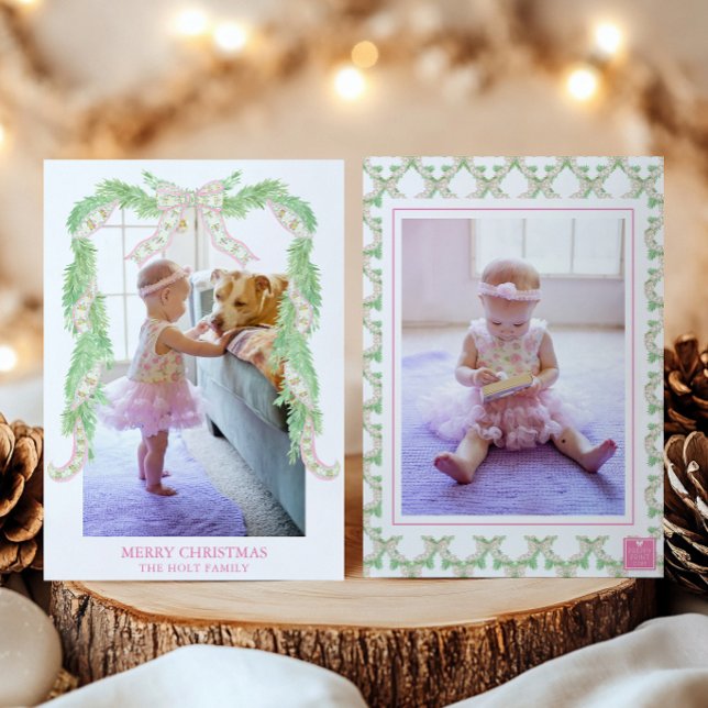 Cartes Pour Fêtes Annuelles Aquarelle Noël Rose Vert Bow Garland Photo (Créateur téléchargé)