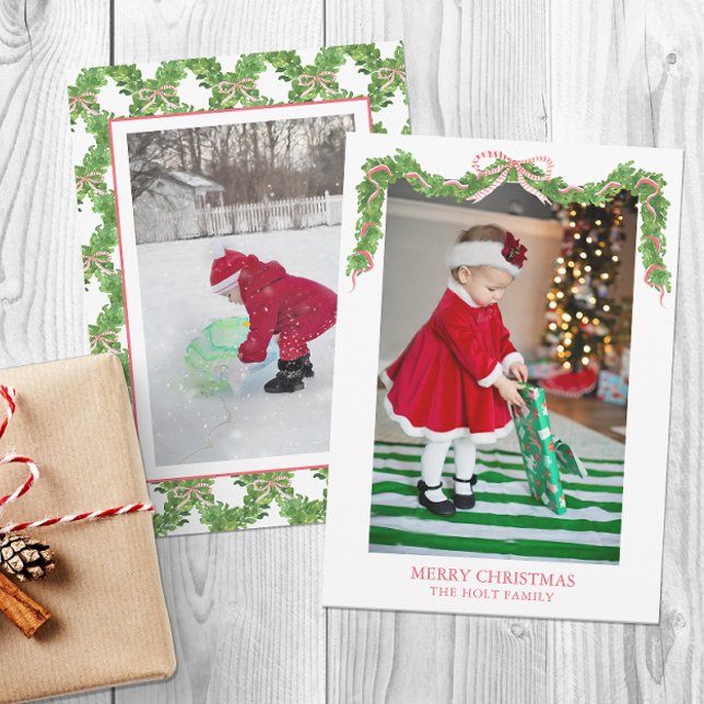 Cartes Pour Fêtes Annuelles Aquarelle Noël Rouge à rayures rouges Garland Phot (Créateur téléchargé)