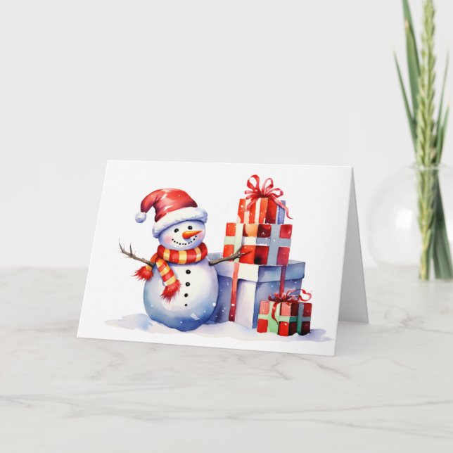 Cartes Pour Fêtes Annuelles Aquarelle Noël Snowman Avec Cadeaux (Devant)