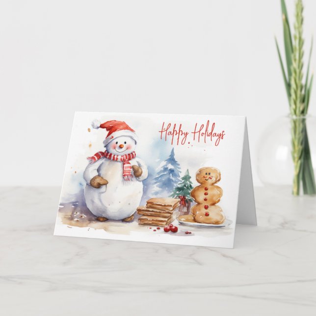 Cartes Pour Fêtes Annuelles Aquarelle Noël Snowman Avec Pain D'Or Homme (Devant)