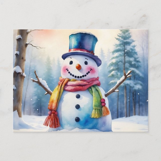 Cartes Pour Fêtes Annuelles Aquarelle Noël Snowman en forêt d'hiver (Devant)