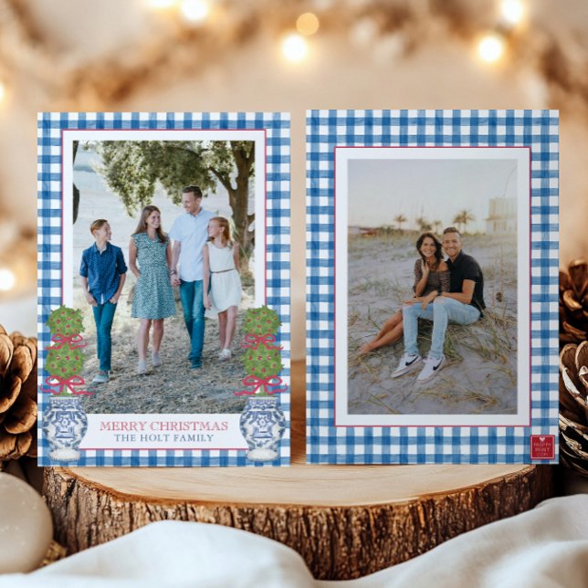 Cartes Pour Fêtes Annuelles Aquarelle Noël Topiaire En vichy photo (Créateur téléchargé)