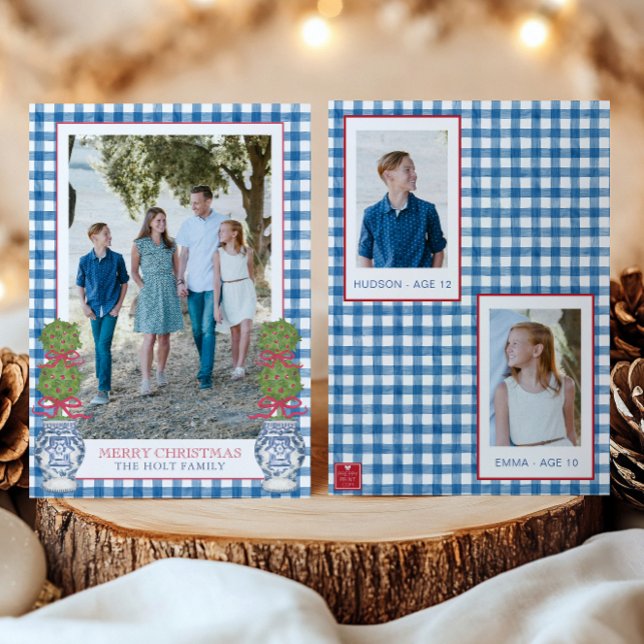 Cartes Pour Fêtes Annuelles Aquarelle Noël Topiaire En vichy photo (Créateur téléchargé)