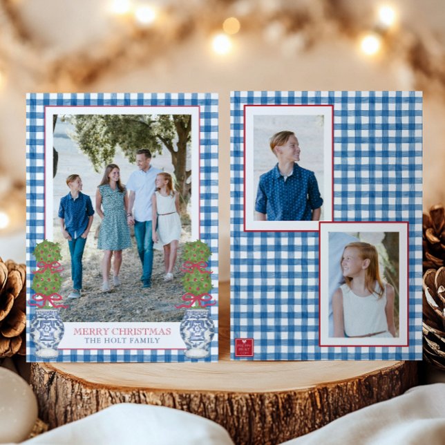 Cartes Pour Fêtes Annuelles Aquarelle Noël Topiaire En vichy photo (Créateur téléchargé)