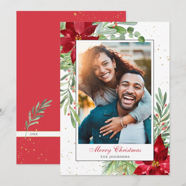 Cartes Pour Fêtes Annuelles Aquarelle Noël Vert + Or (Devant / Derrière)