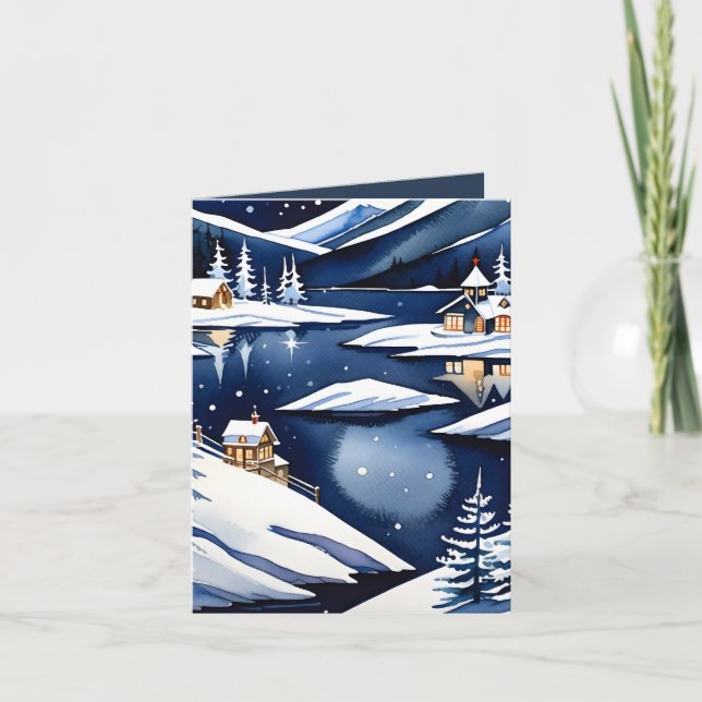 Cartes Pour Fêtes Annuelles Aquarelle Nordique Lakeside Plié Photo de Noël (Devant)