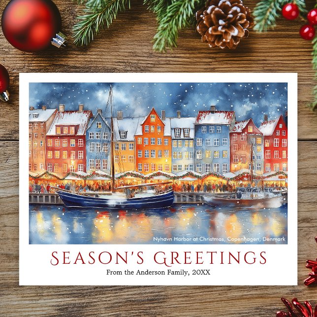Cartes Pour Fêtes Annuelles Aquarelle Nyhavn Copenhagen Christmas Travel (Watercolor Nyhavn Copenhagen Christmas Travel Holiday Postcard)