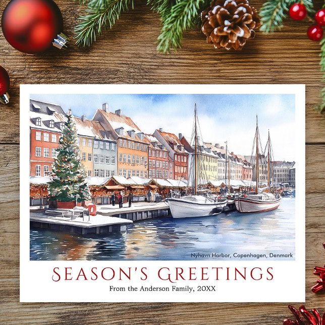Cartes Pour Fêtes Annuelles Aquarelle Nyhavn Copenhagen Danemark Noël (Watercolor Nyhavn Copenhagen Denmark Christmas Holiday Postcard)