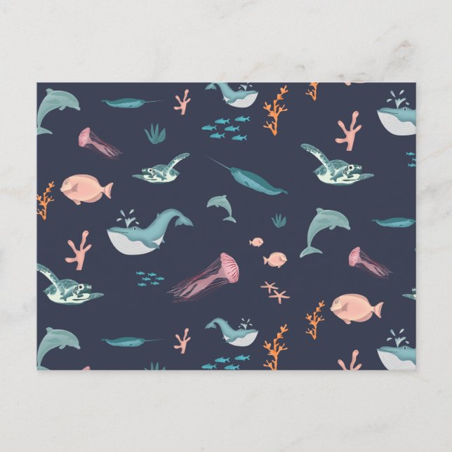 Cartes Pour Fêtes Annuelles Aquarelle Océan Sea Animaux Motif bleu (Devant)
